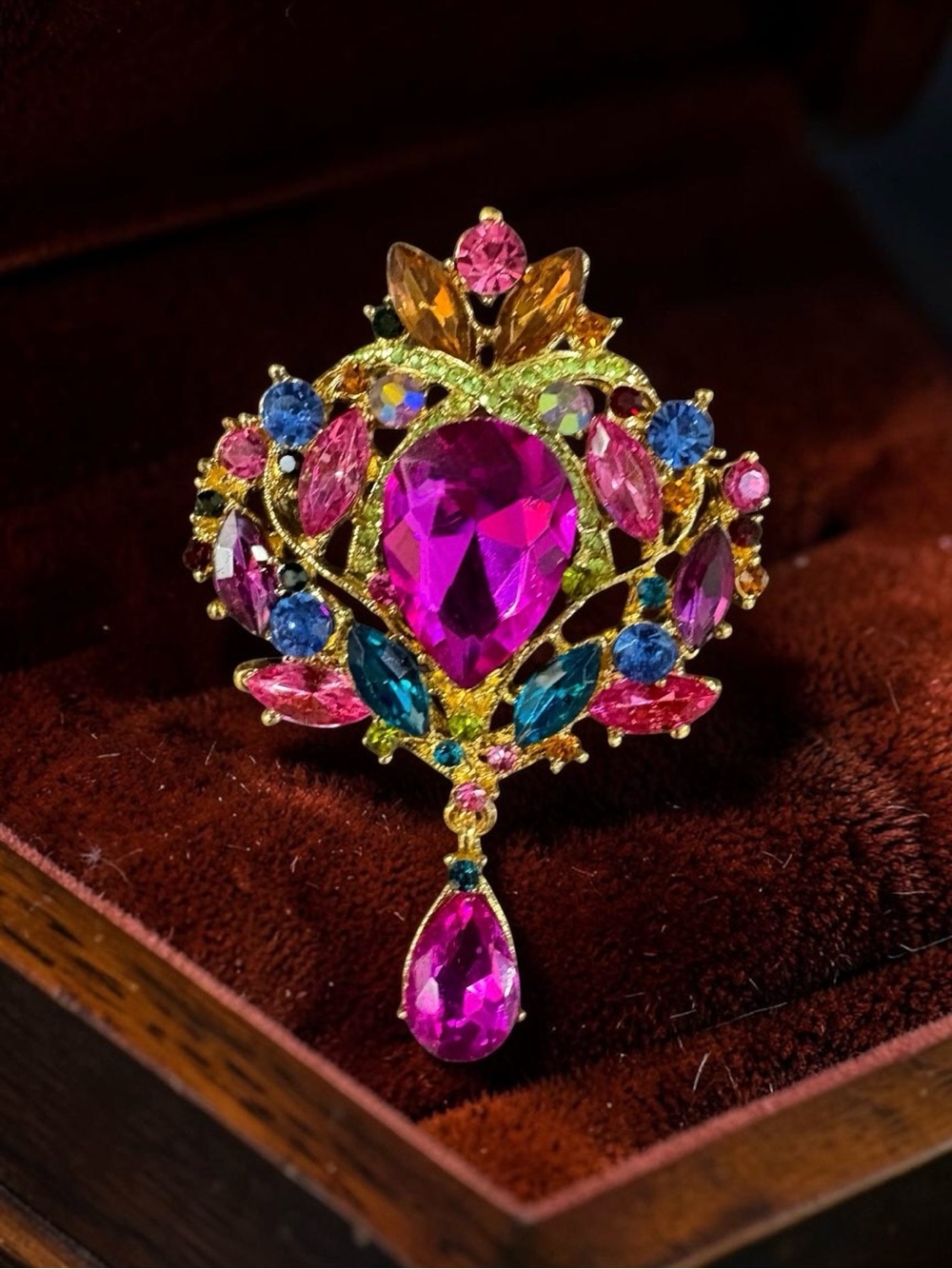 Large Gold-Tone Multicolor Crystal Drop Brooch